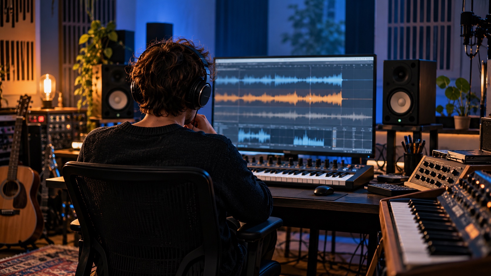 Musiker vor einer digitalen Audioworkstation im Tonstudio