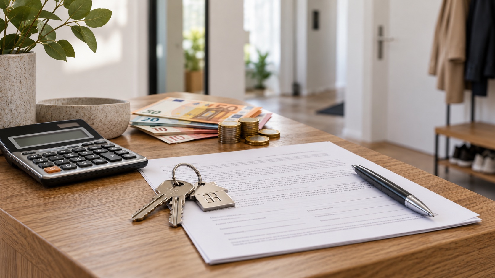 Wohnungsschlüssel, Mietvertrag, Taschenrechner und Eurogeld für die Mietkaution