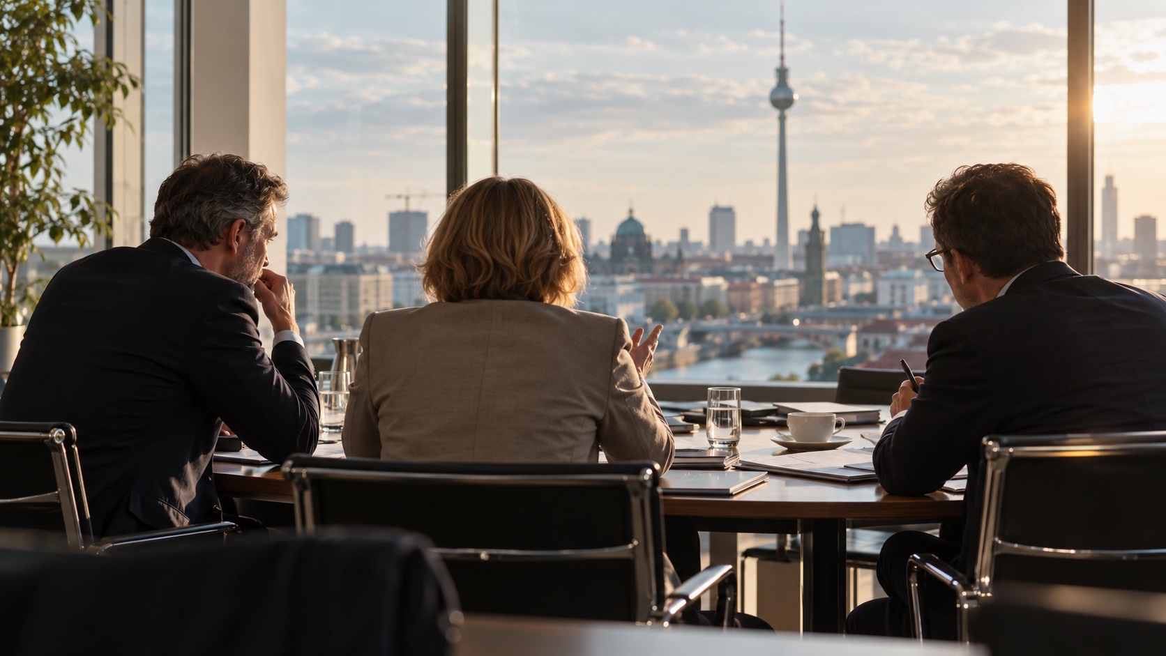 Drei Personen bei politischen Gesprächen mit Blick auf Berlin