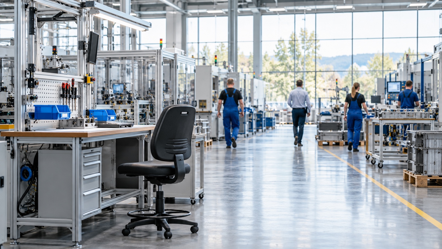 Moderne Produktionshalle mit freien Arbeitsplätzen